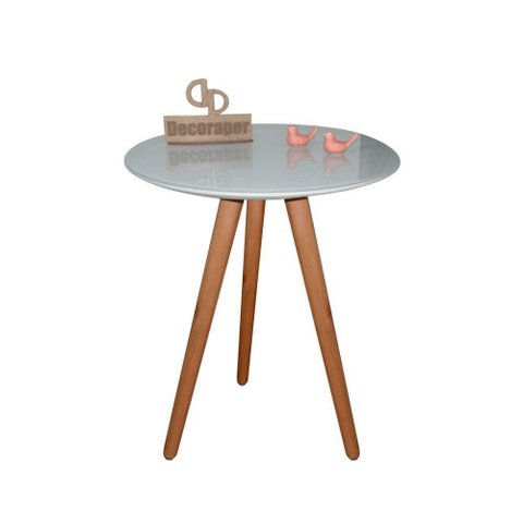 Mesa de Canto Pés Palito Amadeirado com Tampo Vidro 70cm Off White 60cm