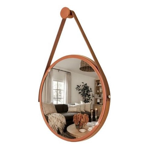 Espelho Redondo Adnet 40cm Suspenso Moderno Luxo - Cobre Alça Caramelo