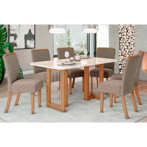 Conjunto: Mesa Sala Jantar Yara C/ Tampo Madeirado C/ Vidro Reto 160x90cm e 6 Cadeiras Malu Nature/