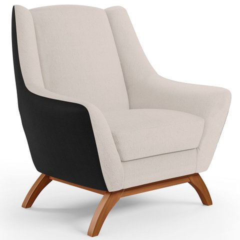 Poltrona Decorativa Base em Madeira Juliet D02 Corano Preto C-05 Linho Cru C-443 - Lyam Decor