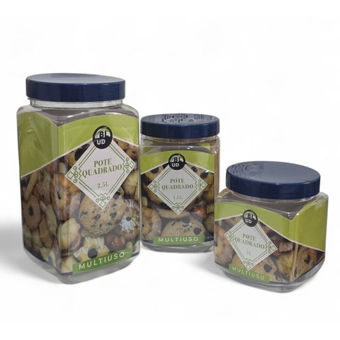 Kit 3 Potes Quadrado Porta Mantimentos Doces P M G Premium Azul