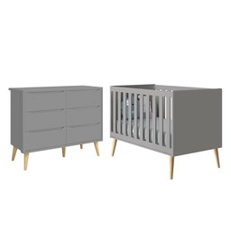 Jogo de Quarto Infantil Theo Cômoda 6 Gavetas e Berço Cinza Fosco com Pés Madeira Natural - Reller M - 1 Jogo de Quarto Infantil Theo Cômoda 6 Gavetas e Berço Cinza Fosco com Pés Madeira Natural - Reller M - 1