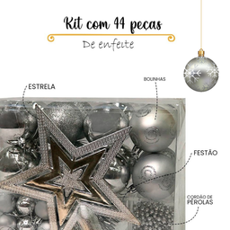 Kit 44 Peças Enfeite Natalino Estrela Bolinhas Festão Cordão Cor:prata - 3