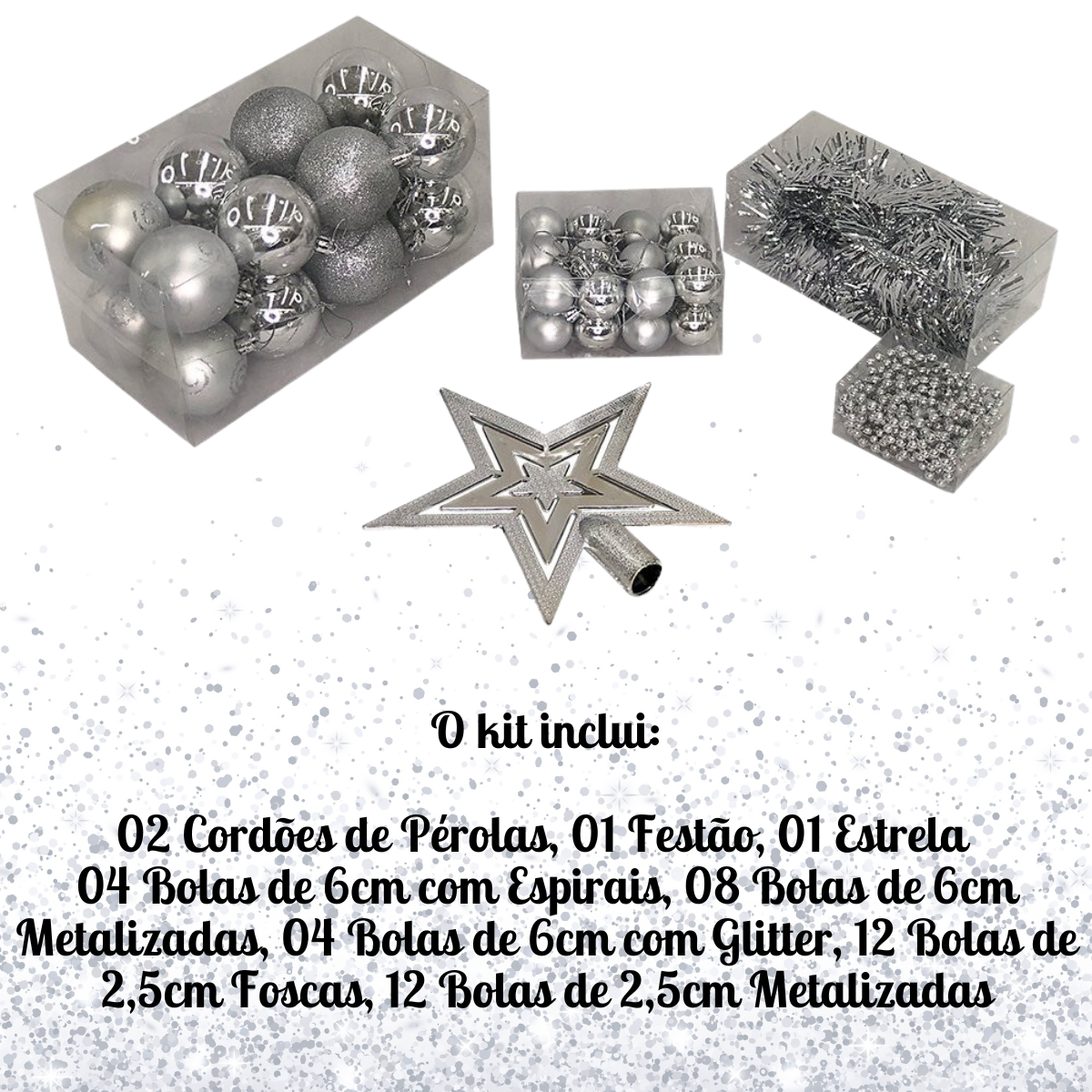 Kit 44 Peças Enfeite Natalino Estrela Bolinhas Festão Cordão Cor:prata - 4