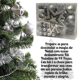 Kit 44 Peças Enfeite Natalino Estrela Bolinhas Festão Cordão Cor:prata - 2