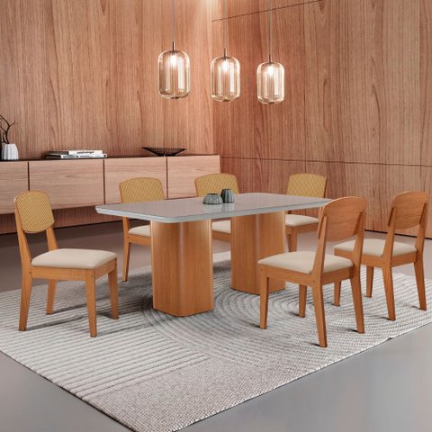 Mesa de Jantar Eloise 180cm Tampo Mdf Vidro com 6 Cadeiras Copper Premium Moderna Mobília
