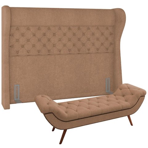 Kit Cabeceira Cama Box Casal 195 Cm Madrid com Puff Recamier Santorini Bouclê Bege - Lyam Decor