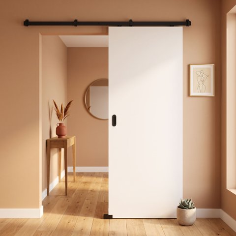 Porta Branca 80x210cm + Kit de Correr Preto de Sobrepor