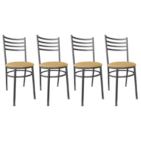 Conjunto 4 Cadeiras Jantar de Metal Preto e Assento Estofado Bege