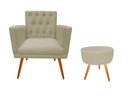 Ver imagem 1 de Kit Poltrona Decorativa Nina Capitonê + Puff Redondo Suede Bege Pés Madeira Ms Decor