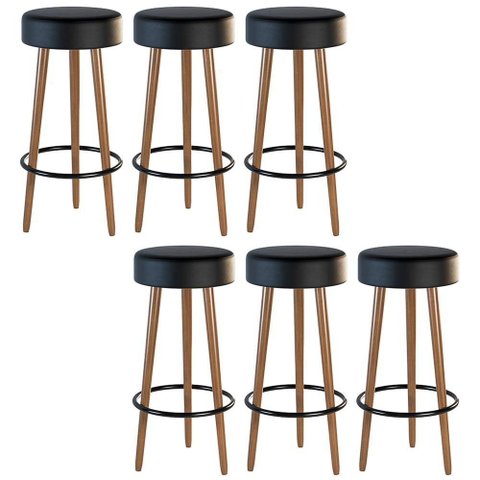 Kit 6 Banquetas Estofada com Pés de Madeira Couríssimo Preto