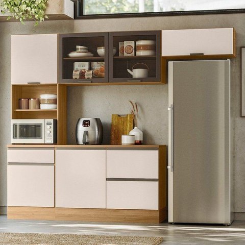 Cozinha Modulada Completa 4 Peças 6 Portas 4 Gavetas com Paneleiro Duplo Etna Marrom Claro/Off White
