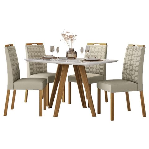 Mesa de Jantar Mariah 120x80 Cm com Vidro Ype Off White e 4 Cadeiras Mariana Veludo Nude – New Ceval