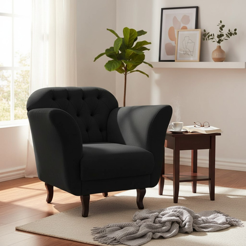 Poltrona Decorativa Dália Suede Preto Pés Madeira Mz Decor