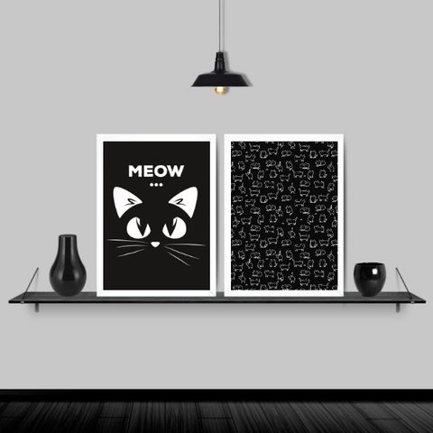 Kit 2 Quadros Gatinho Meow Preto E Branco 33x24cm - com vidro:Madeira preta