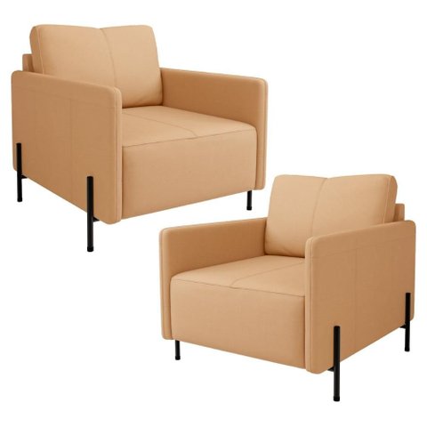 Kit 2 Poltronas Decorativa para Sala Living Pés Industrial Domani L06 Couro Capuccino - Lyam Decor