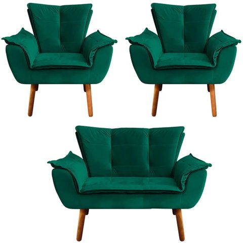 Conjunto 2 Poltronas e 1 Namoradeira Pés Palito Charger Veludo Verde - Gran Belo