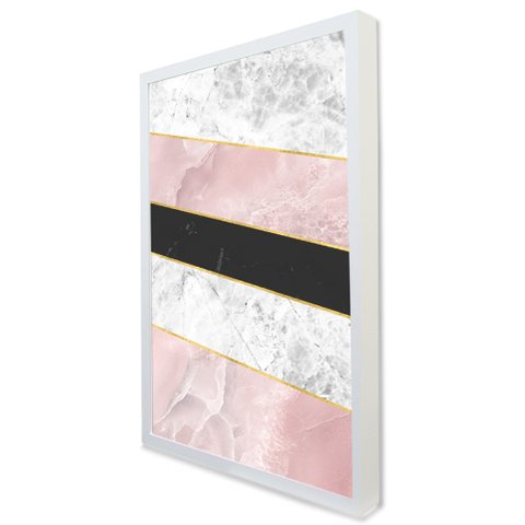 Quadro Decorativo Caixa Geométrico Mármore Rosa, Branco e Preto Tacolado Moldura Caixa 3cm Madeira C