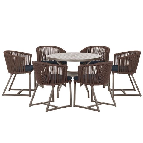 Mesa com 6 Cadeiras de Jantar Roma 120cm e Noronha em Alumínio Marrom Corda Náutica Estofado 12 Tram