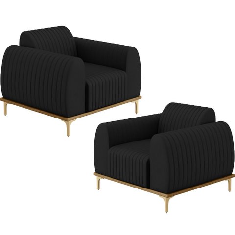 Kit 02 Poltronas Decorativas Base De Madeira e Pés D'Ouro Molino D02 Veludo Preto C-300 - Lyam