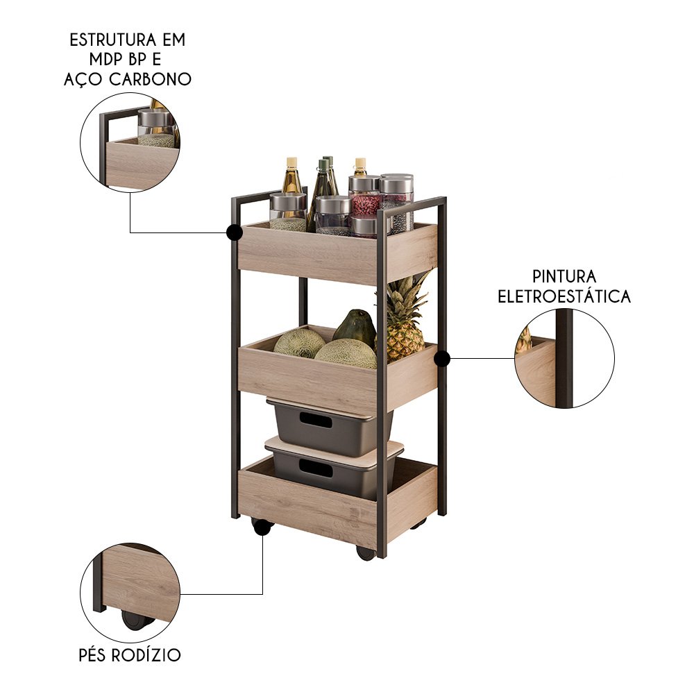 Carrinho Organizador Fruteira 3 Prateleiras Industrial Liss M24 Freijó/preto - Mpozenato - 3