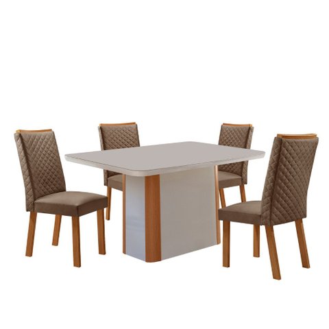 Mesa de Jantar Isadora 120cm Tampo MDF e Vidro Canto Copo com 4 Cadeiras Lira Moderna Mobília