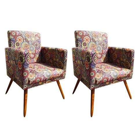 Kit 2 Poltronas Decorativa Bia Suede Mosaico Pés Madeira Ms Decor