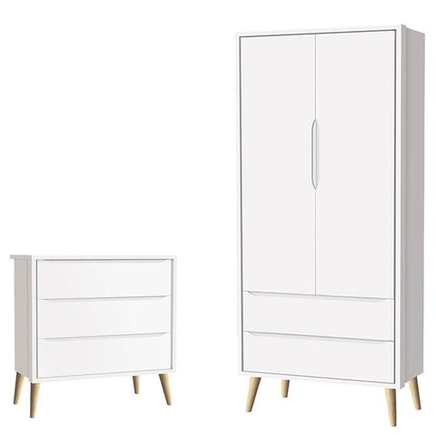 Cômoda Gaveteiro Infantil e Guarda Roupa 2 Portas Theo Branco Acetinado Pés Madeira Natural – Reller