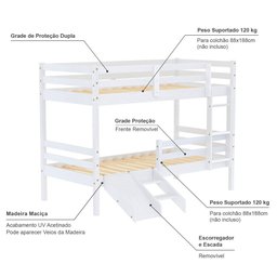 Beliche Solteiro Infantil Eco e Mini Escada/Escorregador Madeira Maciça Branco Mobilistore - 3