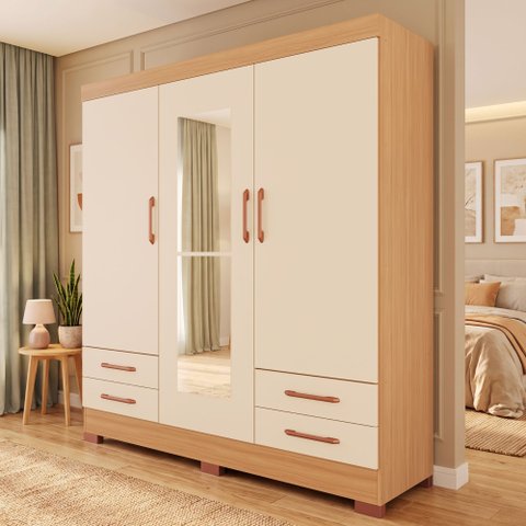 Guarda-Roupas Báltica 100% MDF 3 Portas 4 Gavetas c/ Kit de Espelhos e Pés