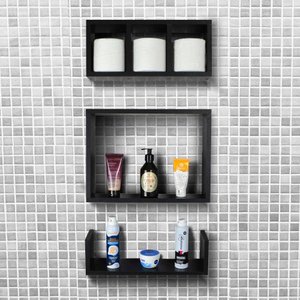 Conjuto Kit 3 Nichos Prateleiras Decorativas Preta para Banheiro