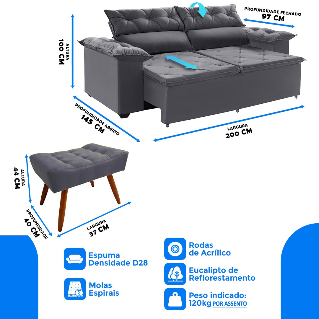 Conjunto Sofá Compact 200 cm retrátil e reclinável com Molas Espirais e 2 Puffs Suede Cinza - Sofá n - 10