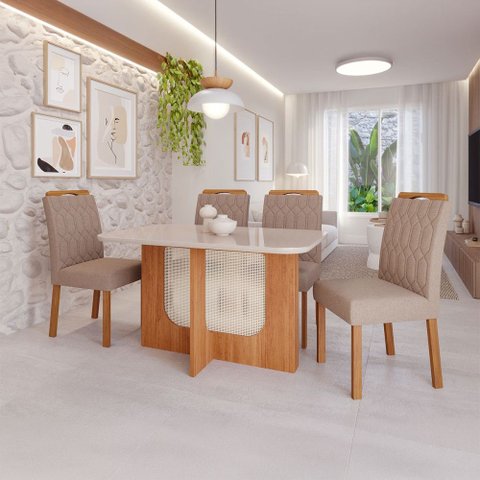 Sala de Jantar 4 Lugares Tampo de Vidro 130 cm Matilda Cadeiras Madeira Maciça Cinamomo/Bege - Panor