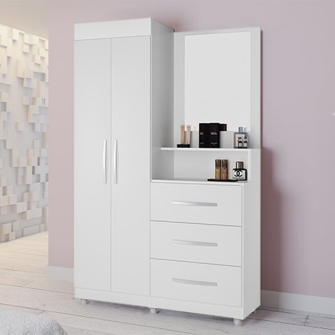 Guarda-roupa Solteiro com Espelho Penteadeira 2 Portas Onix Luxo -móveis Primus - Branco