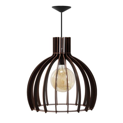 Luminária Lustre Pendente Madeira Vazado Aletado Soq E27 35x36cm Cor:café