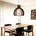 Ver imagem 2 de Luminária Lustre Pendente Madeira Vazado Aletado Soq E27 35x36cm Cor:café