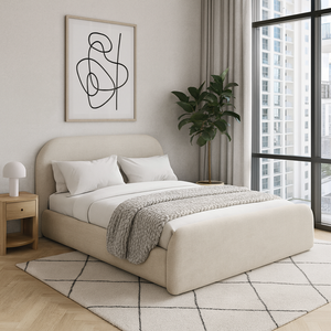 Cama Estofada Tamanho Casal 1.40m Tecido Linho Ocre com Design Baixo e Elegante