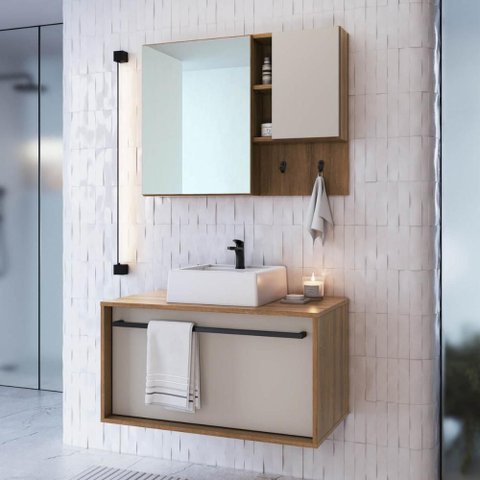 Conjunto Banheiro Gabinete com Cuba e Espelheira Toalheiro 80cm Suspenso Multimóveis Crpro-CON037