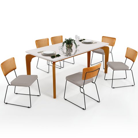 Mesa Capri 160cm Off White Nature E 6 Cadeiras Allana B05 Couríssimo Whisky Linho Bege - Lyam