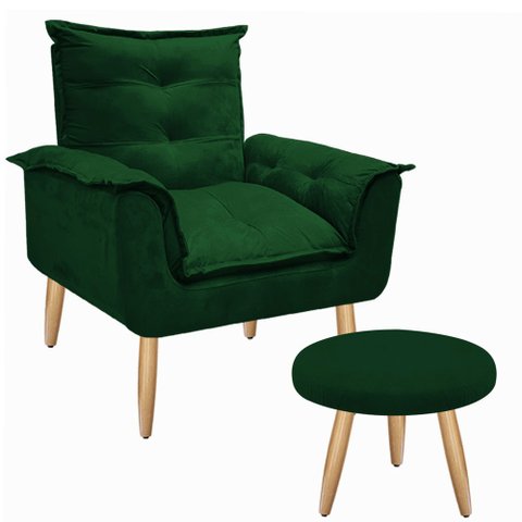 Kit Poltrona Opala Talita Cadeira Decorativa + Puff Redondo Pés Palito Mercado Dos Móveis:verde Escu