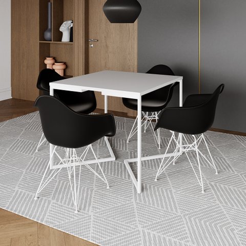 Mesa Jantar Industrial Quadrada Branca 90cm Base V com 4 Poltronas Pretas Eames Eiffel Ferro Branco