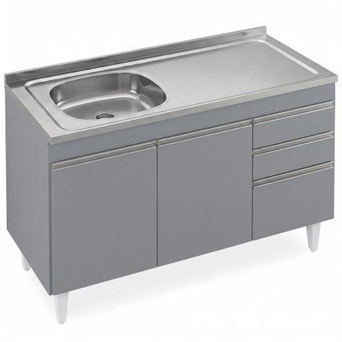 Balcão Cozinha com Pia Inox Deslocada 120cm Ávila Cinza Sagrado L03 - Mpozenato