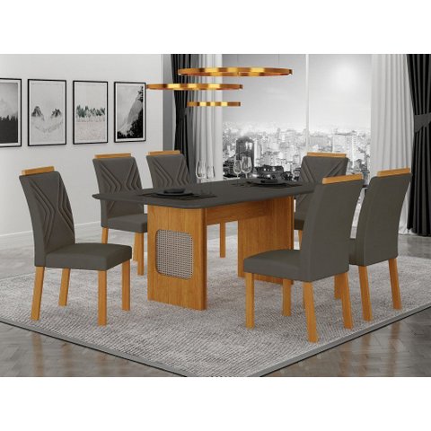 Conjunto Sala de Jantar Lara 1,80m com 6 Cadeiras Clara Plus Cinamomo/Chumbo/Joli Chumbo