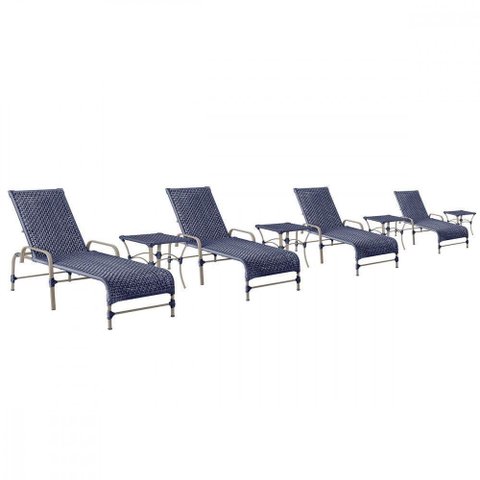 4 Espreguiçadeiras Catar 4 Mesas Garden Corda Náutica Trama Azul