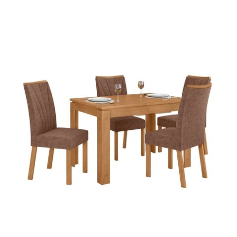 Conjunto Sala de Jantar Mesa Athenas 120 Tampo no Glass com 4 Cadeiras Apogeu - Lopas Amendoa Clean 