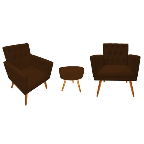 Kit 2 Poltronas Decorativa Nina Capitonê + Puff Redondo Couro Marrom Pés Madeira Ms Decor