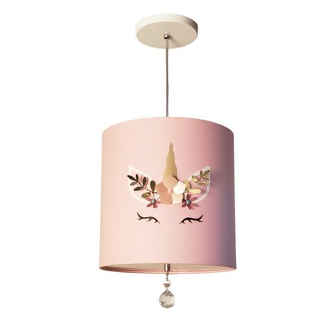 Lustre Pendente Infantil Unicórnio Cúpula Rosa 25x25 1E27