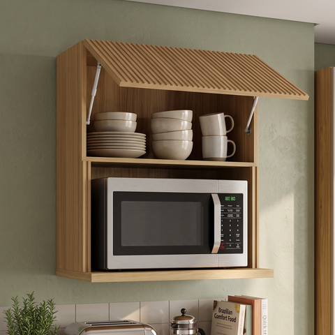 Módulo Cozinha Nesher Rainha Armário C/nicho Microndas E1 Porta Basculante Ripada 70 Cm Nature -