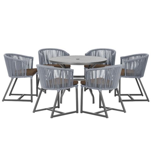 Mesa com 6 Cadeiras de Jantar Roma 120cm e Noronha em Alumínio Preto Corda Náutica Estofado 9 Trama