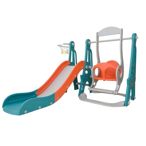 Playground Infantil 3 em 1 Plástico Escorregador Balanço Cesta Basquete Verde/laranja Brinqway Bw216